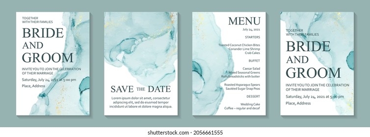 Modern watercolor background or elegant card design for birthday invite or wedding or menu with abstract teal blue ink waves and golden splashes on a white.