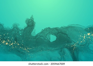 Modern watercolor background or elegant card design or wallpaper or poster with abstract green ink waves and golden splashes.