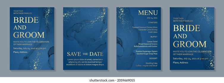 Modern watercolor background or elegant card design for birthday invite or wedding or menu with abstract navy blue ink waves and golden splashes.