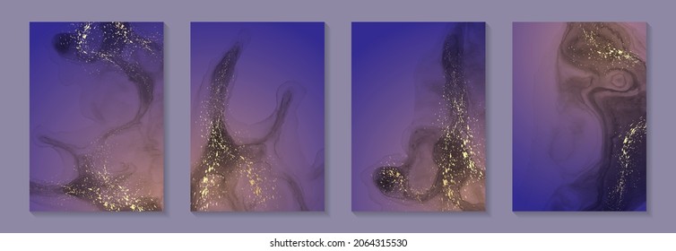Modern watercolor background or elegant card design for birthday invite or wedding or menu with abstract purple and yellow ink waves and golden splashes.