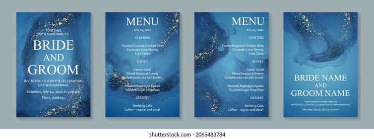 Modern watercolor background or elegant card design for birthday invite or wedding or menu with abstract navy blue ink waves and golden splashes.