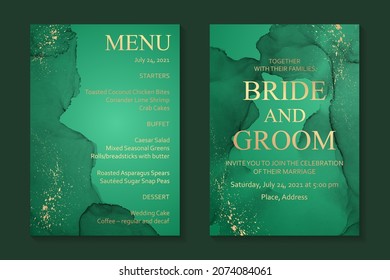 Modern watercolor background or elegant card design for birthday invite or wedding or menu with abstract green ink waves and golden splashes.