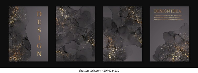 Modern watercolor background or elegant card design for birthday invite or wedding or menu with abstract black ink waves and golden splashes. - Shutterstock ID 2074084232