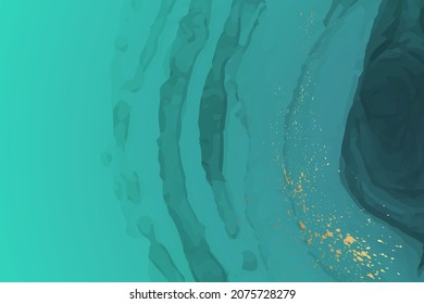 Modern watercolor background or elegant card design or wallpaper or poster with abstract turquoise ink waves and golden splashes.