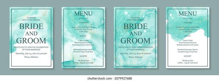 Modern watercolor background or elegant card design for birthday invite or wedding or menu with abstract green ink waves and golden splashes.