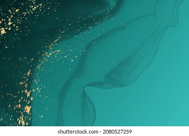 Modern watercolor background or elegant card design or wallpaper or poster with abstract turquoise green ink waves and golden splashes.