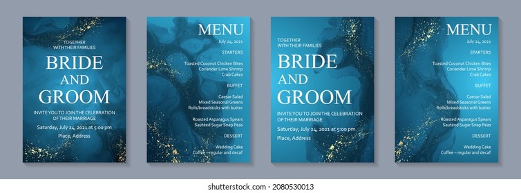 Modern watercolor background or elegant card design for birthday invite or wedding or menu with abstract navy blue ink waves and golden splashes.