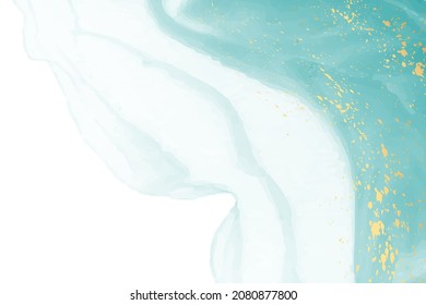 Modern watercolor background or elegant card design or wallpaper or poster with abstract teal ink waves and golden splashes.