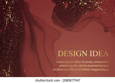 Modern watercolor background or elegant card design or wallpaper or poster with abstract brown ink waves and golden splashes.