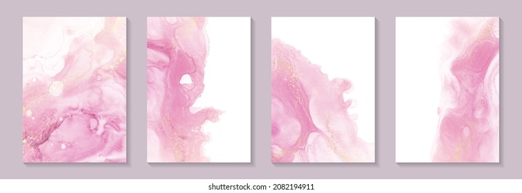 Modern watercolor background or elegant card design for birthday invite or wedding or menu with abstract pink ink waves and golden splashes.