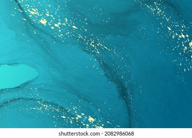 Modern watercolor background or elegant card design or wallpaper or poster with abstract teal blue ink waves and golden splashes.