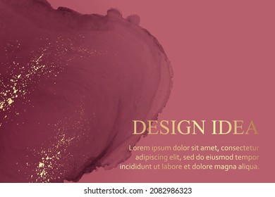 Modern watercolor background or elegant card design or wallpaper or poster with abstract red ink waves and golden splashes.