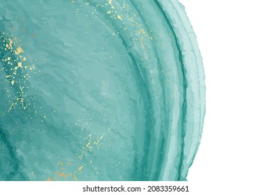 Modern watercolor background or elegant card design or wallpaper or poster with abstract turquoise green ink waves and golden splashes.