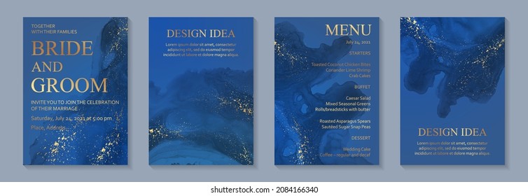 Modern watercolor background or elegant card design for birthday invite or wedding or menu with abstract blue ink waves and golden splashes.