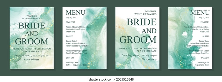 Modern watercolor background or elegant card design for birthday invite or wedding or menu with abstract green ink waves and golden splashes.