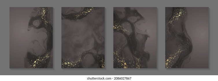 Modern watercolor background or elegant card design for birthday invite or wedding or menu with abstract black ink waves and golden splashes.