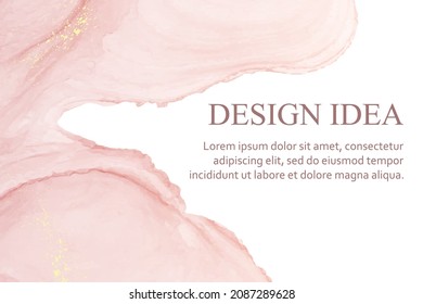 Modern watercolor background or elegant card design or wallpaper or poster with abstract peach pink ink waves and golden splashes.