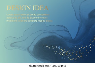 Modern watercolor background or elegant card design or wallpaper or poster with abstract blue ink waves and golden splashes.