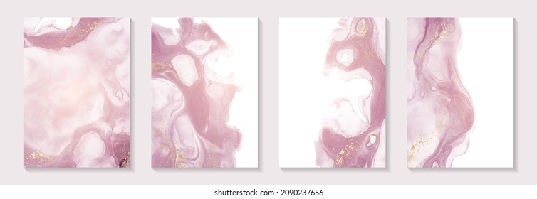 Modern watercolor background or elegant card design for birthday invite or wedding or menu with abstract pink ink waves and golden splashes.