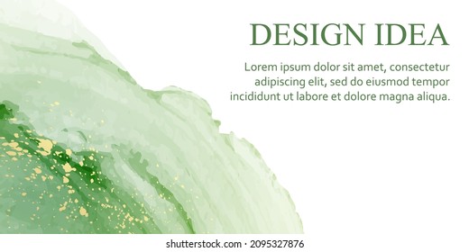 Modern watercolor background or elegant card design or banner or header with abstract green ink waves and golden splashes.
