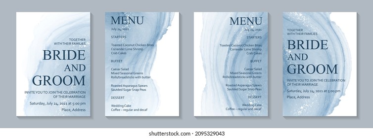 Modern Watercolor Background Or Elegant Card Design For Birthday Invite Or Wedding Or Menu With Abstract Blue Ink Waves.