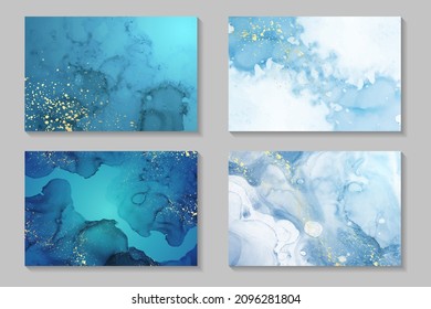 Modern watercolor background or elegant card design or wallpaper or poster with abstract blue ink waves and golden splashes.