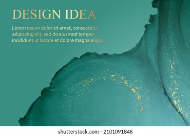 Modern watercolor background or elegant card design or wallpaper or poster with abstract green ink waves and golden splashes.