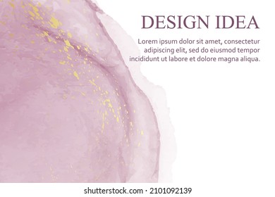 Modern watercolor background or elegant card design or wallpaper or poster with abstract pink ink waves and golden splashes.