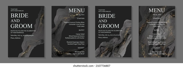Modern watercolor background or elegant card design for birthday invite or wedding or menu with abstract black ink waves and golden splashes.