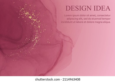 Modern watercolor background or elegant card design or wallpaper or poster with abstract pink ink waves and golden splashes.