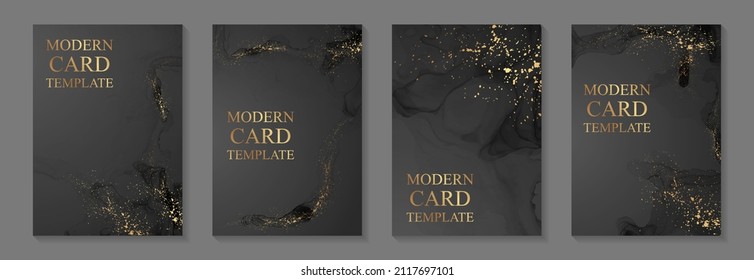 Fondo acuático moderno o diseño elegante de tarjetas para invitados de cumpleaños o bodas o menús con ondas de tinta negra abstractas y salpicaduras doradas.