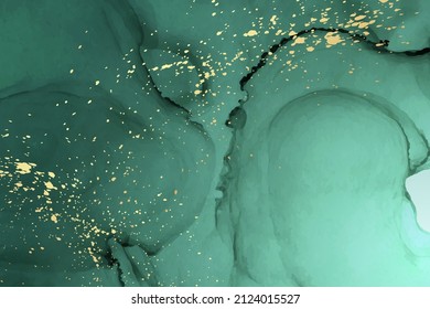 Modern watercolor background or elegant card design or wallpaper or poster with abstract green ink waves and golden splashes.