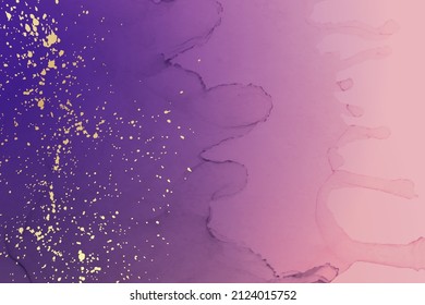 Modern watercolor background or elegant card design or wallpaper or poster with abstract purple ink stains and golden splashes.