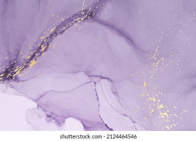 Modern watercolor background or elegant card design or wallpaper or poster with abstract purple ink waves and golden splashes.
