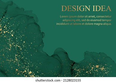 Modern watercolor background or elegant card design or wallpaper or poster with abstract green ink waves and golden splashes.