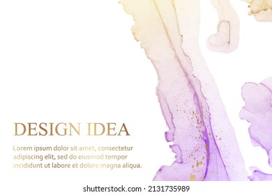Modern watercolor background or elegant card design or wallpaper or poster with abstract pink nd purple ink stains and golden splashes.