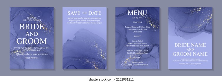 Modern watercolor background or elegant card design for birthday invite or wedding or menu with abstract blue ink waves and golden splashes.