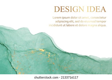 Modern watercolor background or elegant card design or wallpaper or poster with abstract turquoise green ink waves and golden splashes.