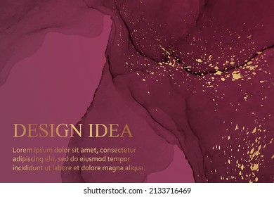 Modern watercolor background or elegant card design or wallpaper or poster with abstract pink ink waves and golden splashes.