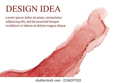 Modern watercolor background or elegant card design or wallpaper or poster with abstract red ink waves and golden splashes.