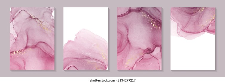 Modern watercolor background or elegant card design for birthday invite or wedding or menu with abstract pink ink waves and golden splashes.
