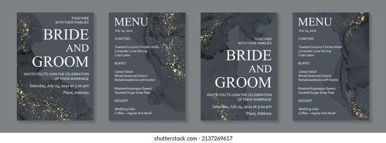 Modern watercolor background or elegant card design for birthday invite or wedding or menu with abstract black ink waves and golden splashes.