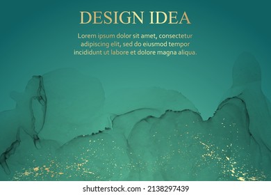 Modern watercolor background or elegant card design or wallpaper or poster with abstract green ink waves and golden splashes.