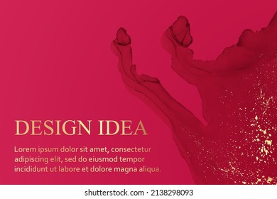 Modern watercolor background or elegant card design or wallpaper or poster with abstract bright red ink waves and golden splashes.