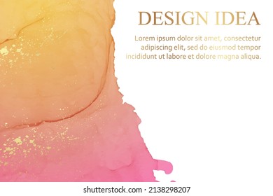 Modern watercolor background or elegant card design or wallpaper or poster with abstract yellow and pink ink waves and golden splashes.