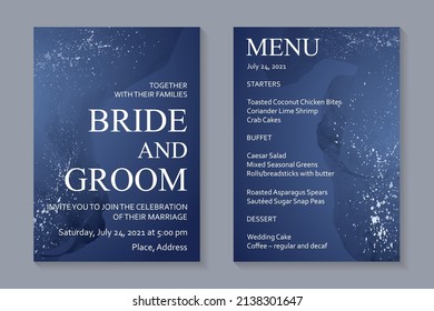 Modern Watercolor Background Or Elegant Card Design For Birthday Invite Or Wedding Or Menu With Abstract Navy Blue Ink Waves And Silver Splashes.