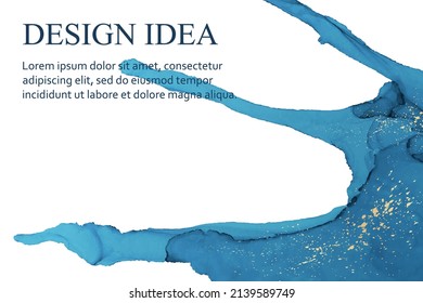 Modern watercolor background or elegant card design or wallpaper or poster with abstract blue ink waves and silver splashes.