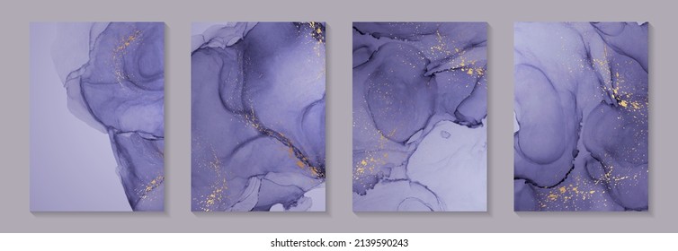 Modern watercolor background or elegant card design for birthday invite or wedding or menu with abstract purple ink waves and golden splashes.