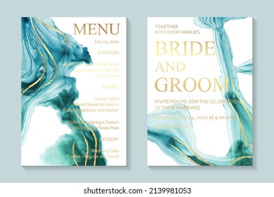 Modern watercolor background or elegant card design for birthday invite or wedding or menu with abstract turquoise ink waves and golden splashes.