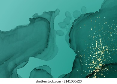 Modern watercolor background or elegant card design or wallpaper or poster with abstract green ink waves and golden splashes.